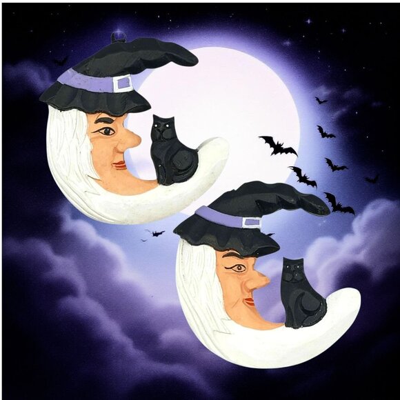Wicked Witch and Black Cat on  Crescent Moon Ornaments Halloween Tree Ornaments - Picture 1 of 7